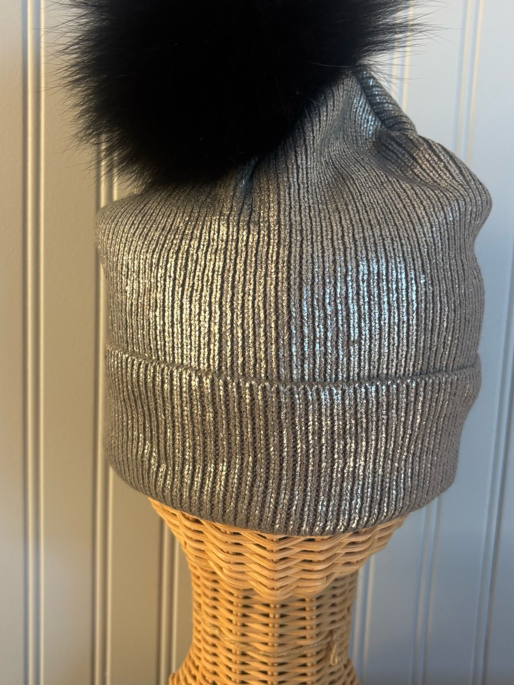 Metallic Silver Ribbed Knit Beanie with Black Pom Pom